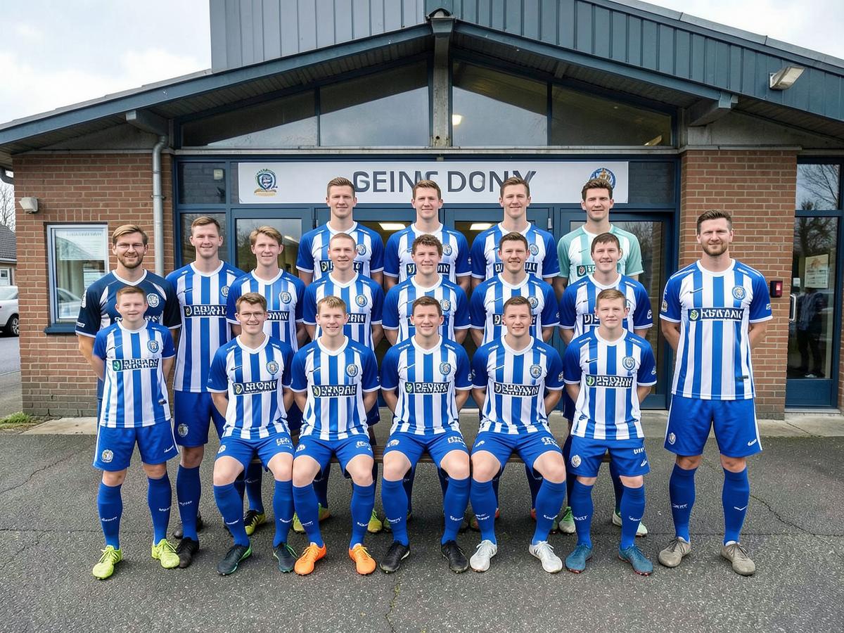 Teamfoto van het eerste elftal voor het clubhuis